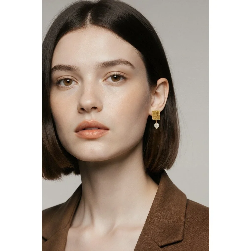 Accent Gold Textured Square Dangle‎ Drop Earrings Freshwater Pearl Jewelry